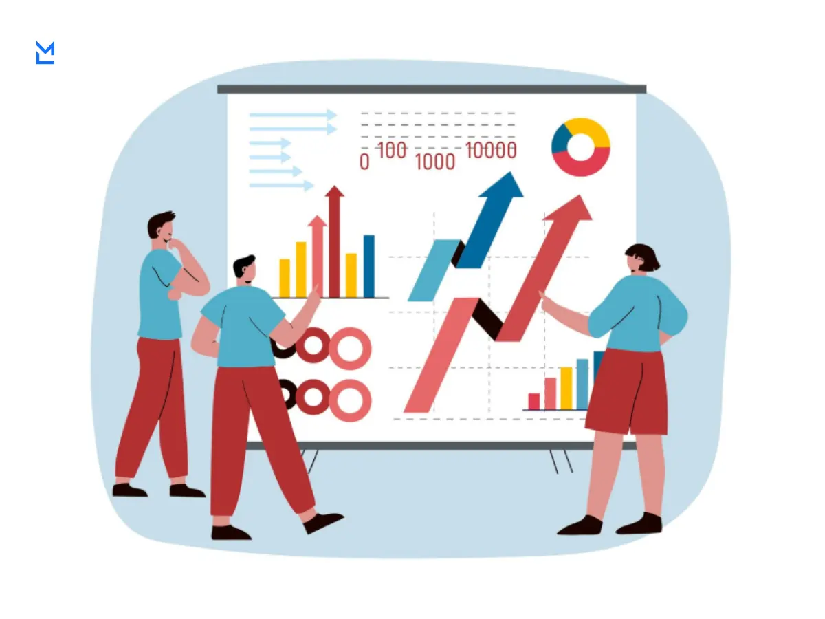 Three people standing in front of a large presentation board with charts and graphs, analyzing performance metrics and trends.