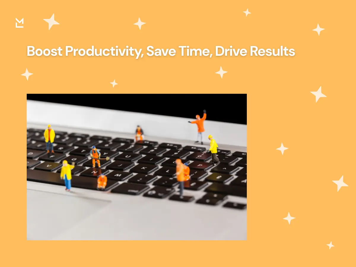 Tiny construction workers on a laptop keyboard symbolizing how digital tools like MinutesLink boost productivity and drive results.