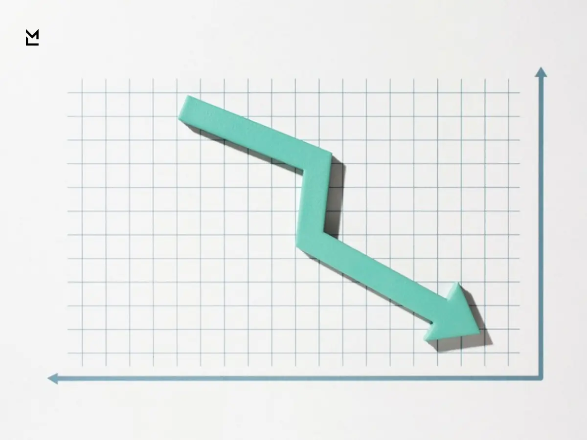 Stylized 3D teal arrow zigzagging downward on a grid background with axes, illustrating a decline in performance or value.