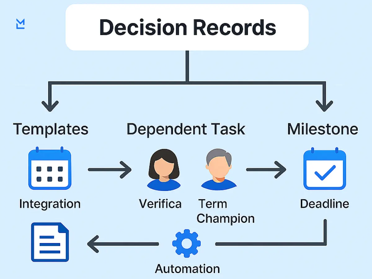 A flowchart titled “Decision Records” mapping Templates → Dependent Task → Milestone with icons for calendars, roles, and an automation gear.