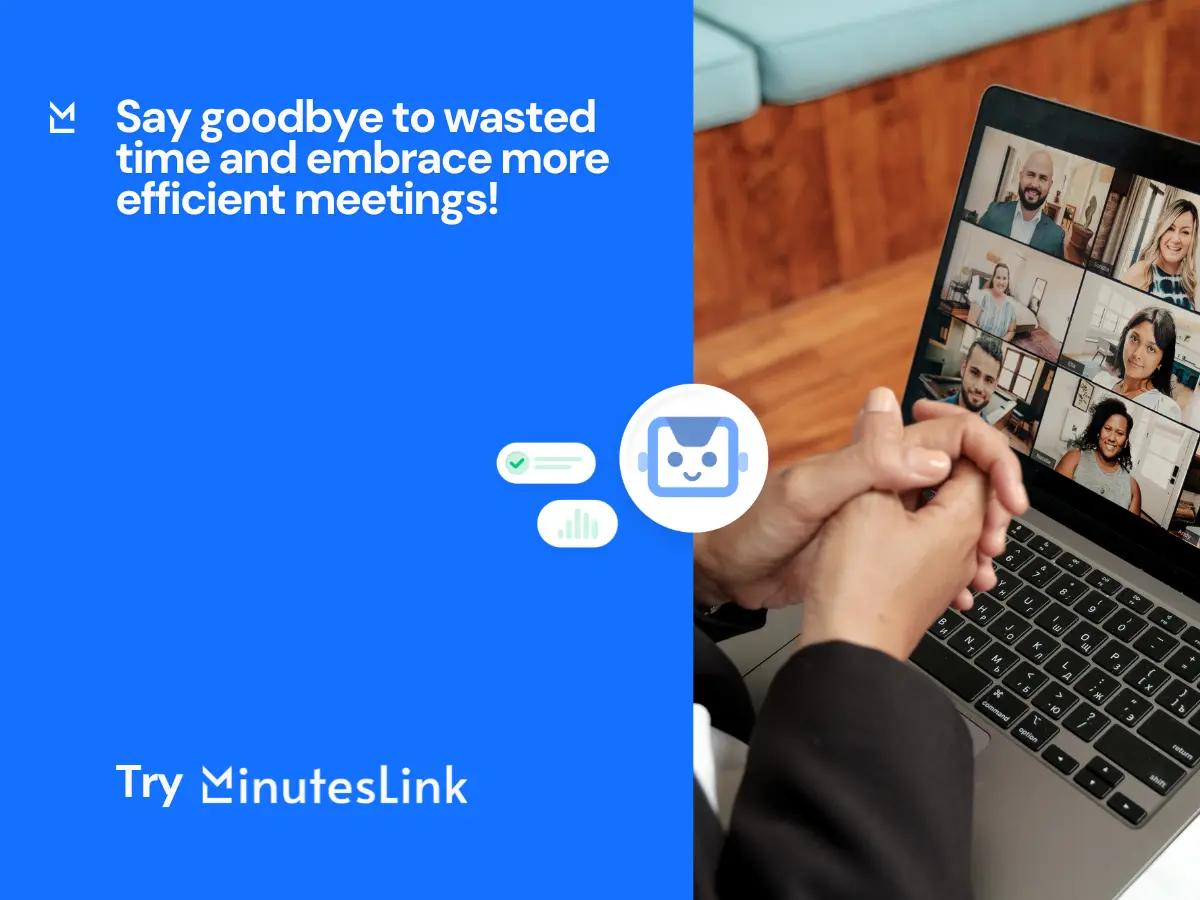 A bright marketing banner pairing a video‑call photo with copy and icons that invite viewers to “Try MinutesLink” for more efficient meetings.