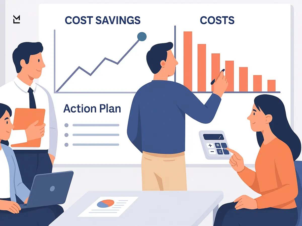 Team reviewing costs and action plan.