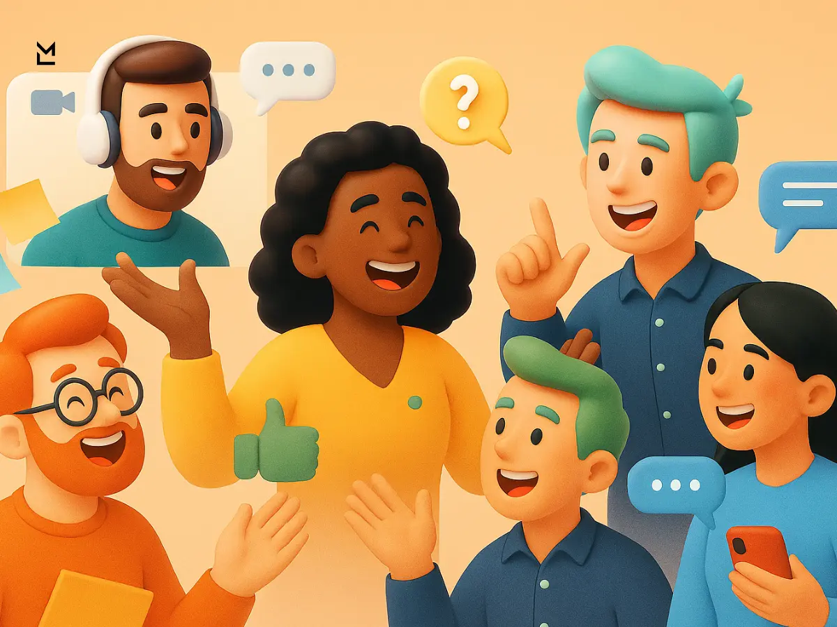 Happy hybrid team in active discussion