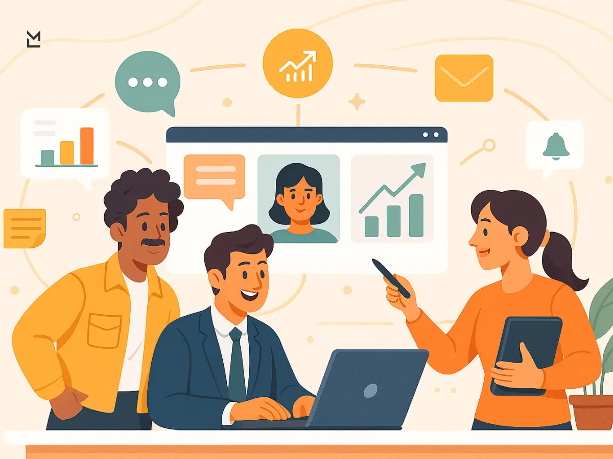 Team discussing data and communication tools