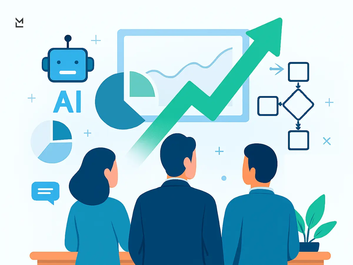 People watching charts and AI icons