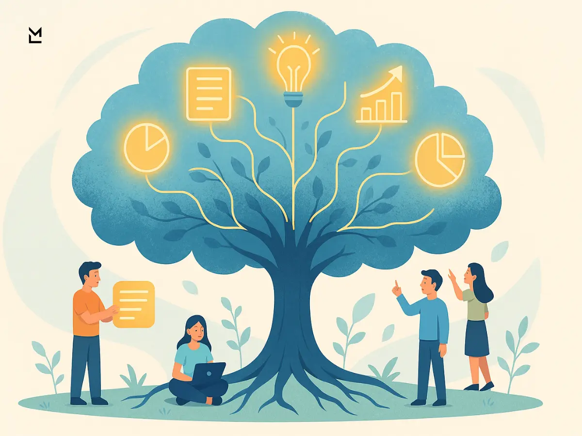 Knowledge tree with glowing icons and people