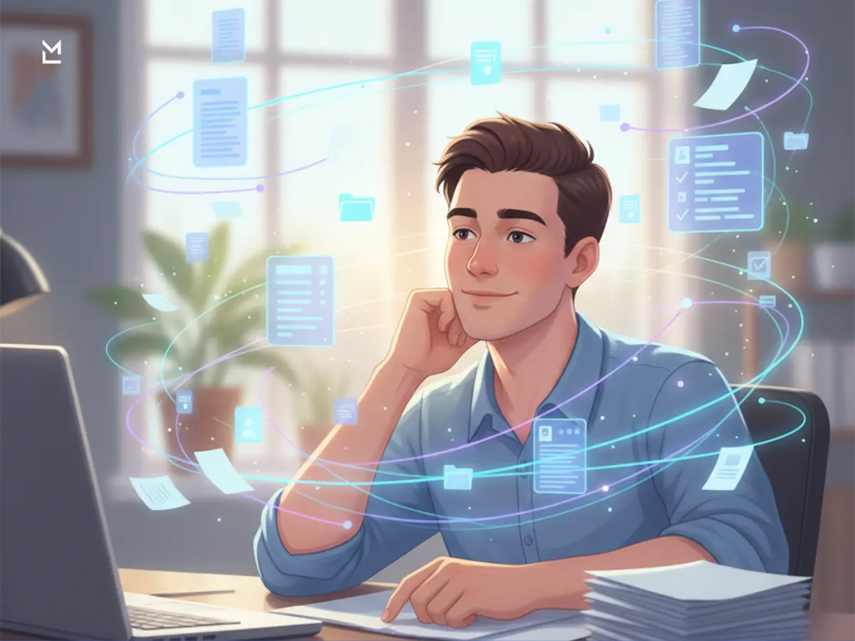 Man analyzing data with digital documents