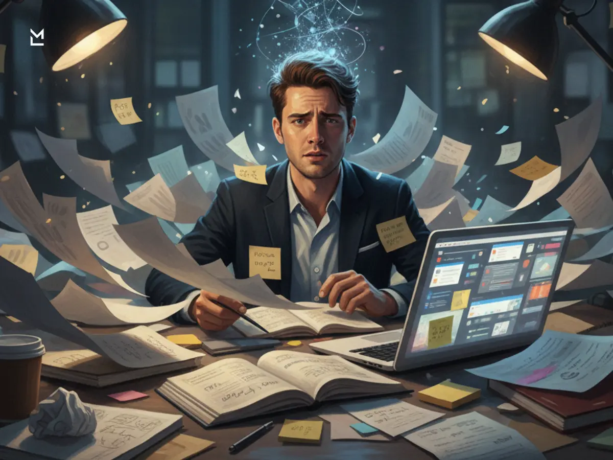 Stressed man surrounded by flying tasks