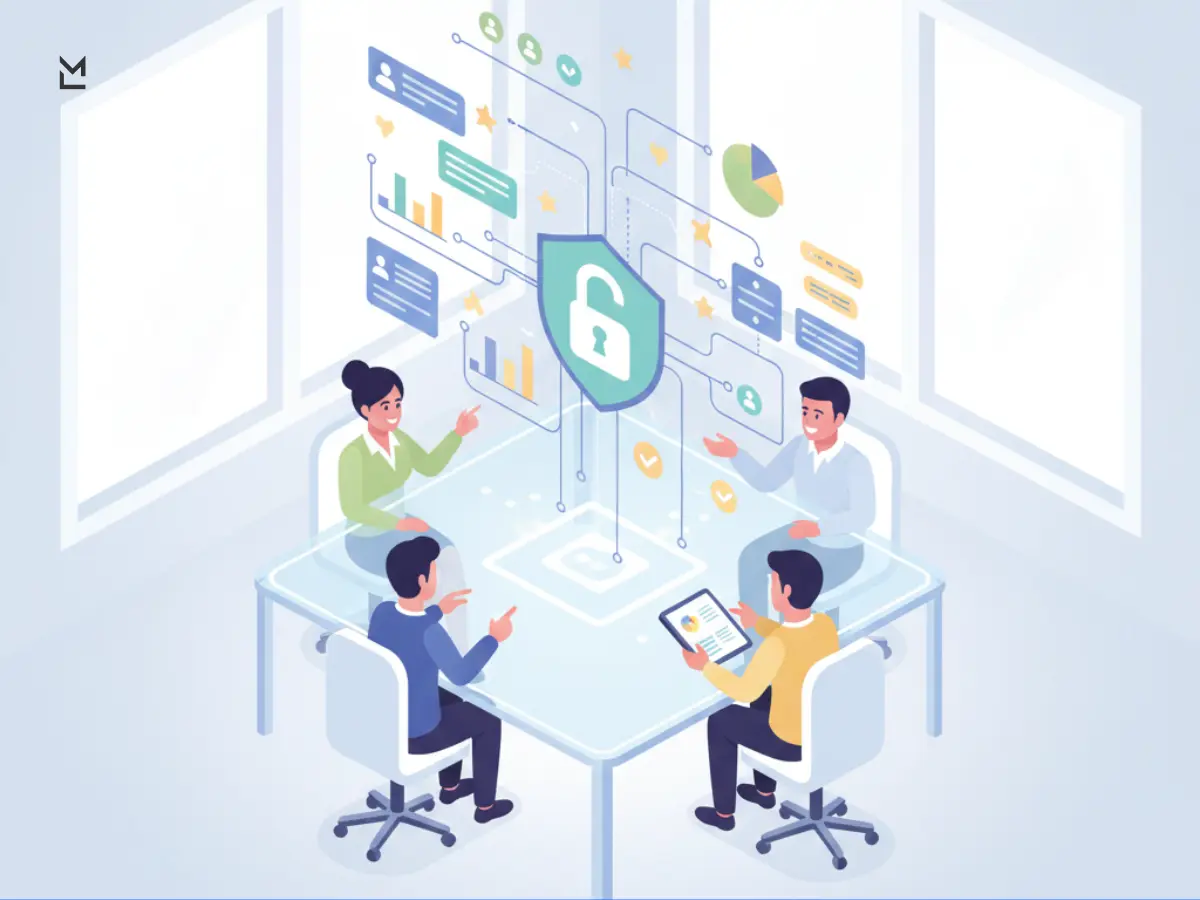 Team discussing data security and collaboration