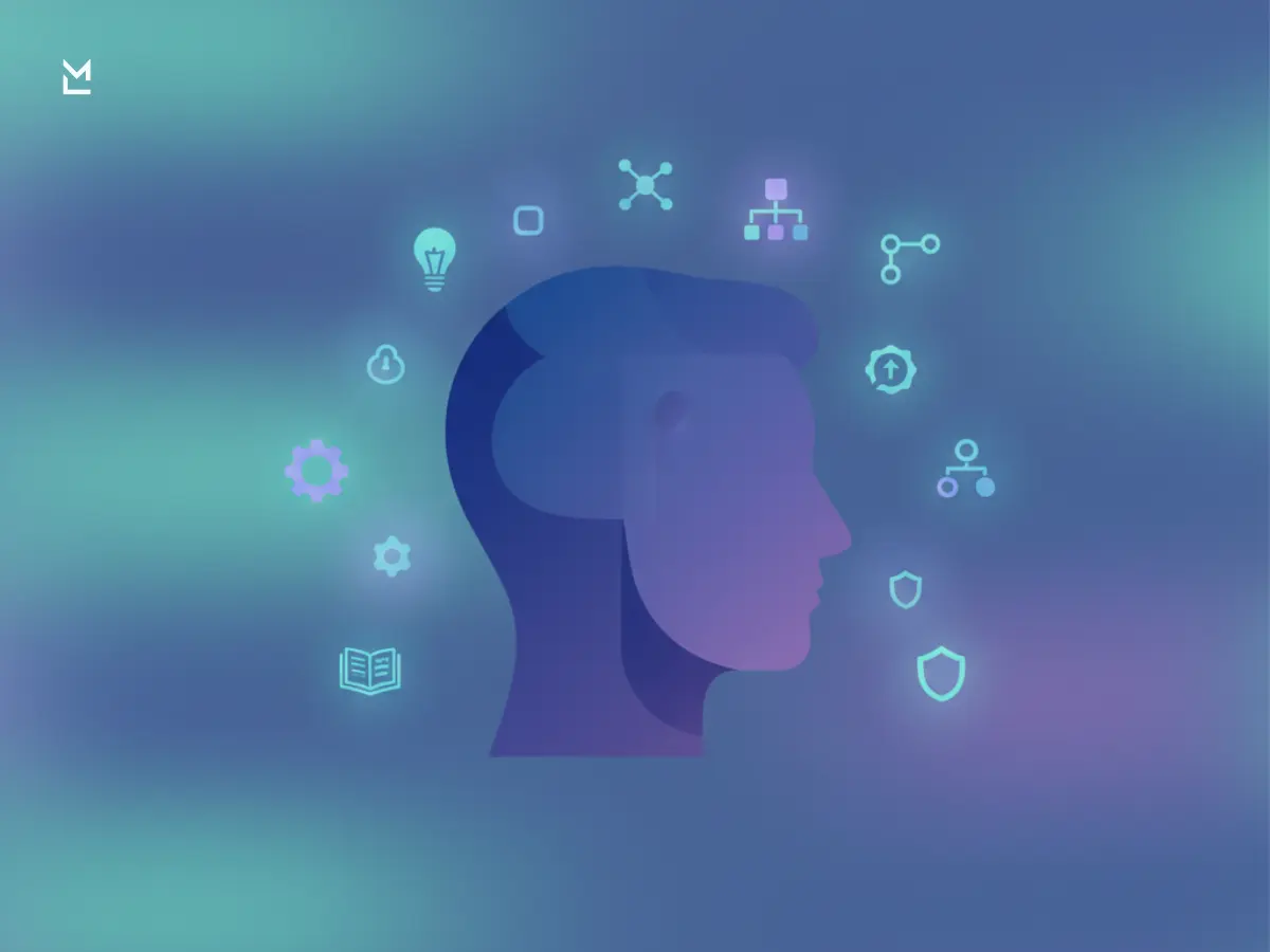 Silhouette of an expert's head with floating knowledge icons