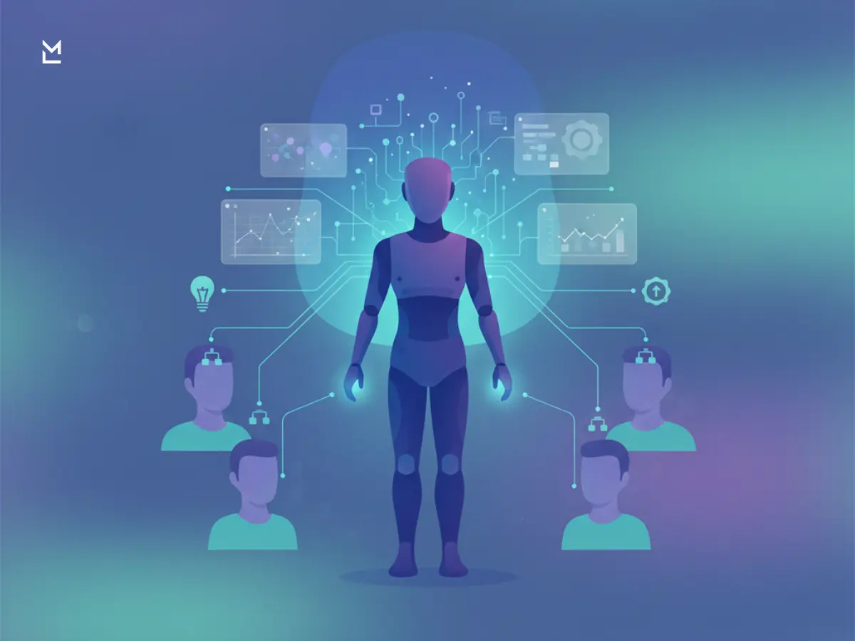 Abstract AI agent organizing data along a digital wave