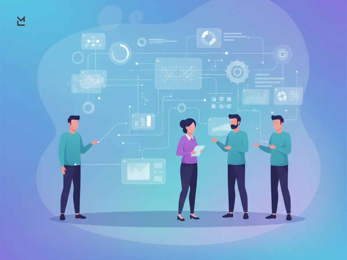 Team working with laptops surrounded by structured digital data