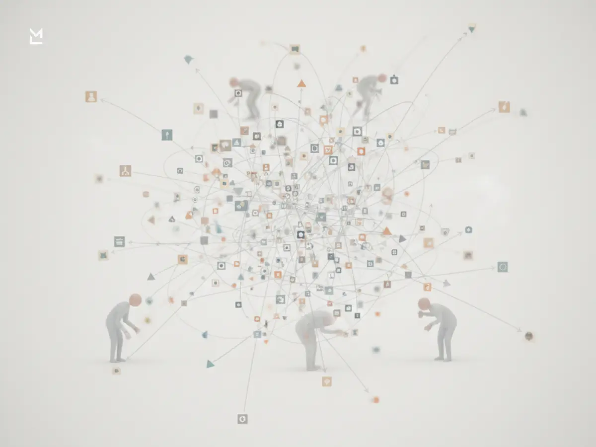 Chaotic arrows and icons showing mindless activity.