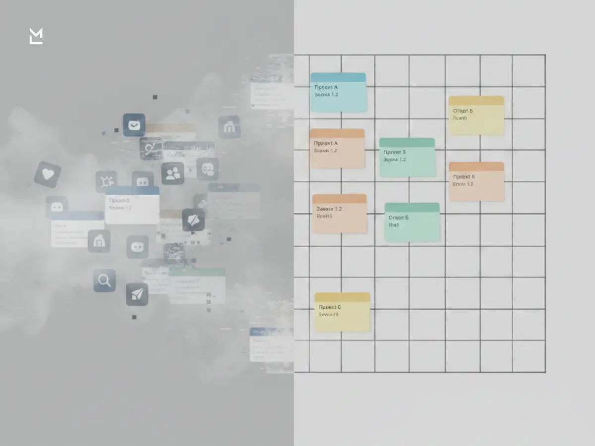 Tasks dissolving into fog versus structured grid.