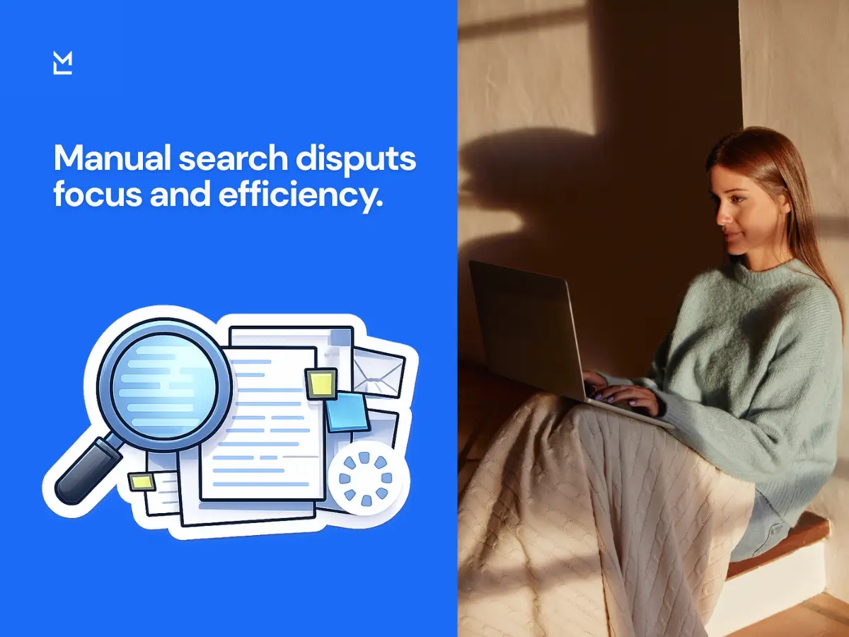 Overwhelmed employee searching through scattered documents