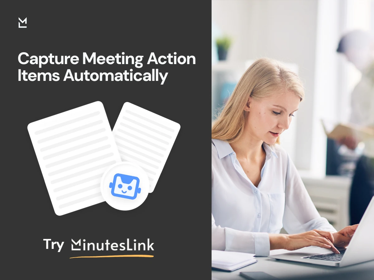 Woman working on laptop capturing meeting action items