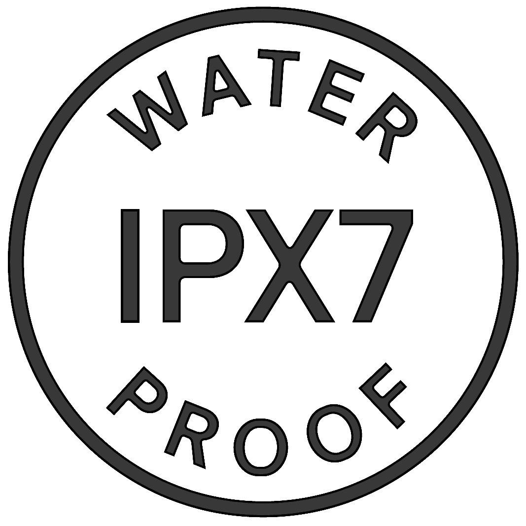 Round stamp reading IPX7 water proof indicating water resistance rating.