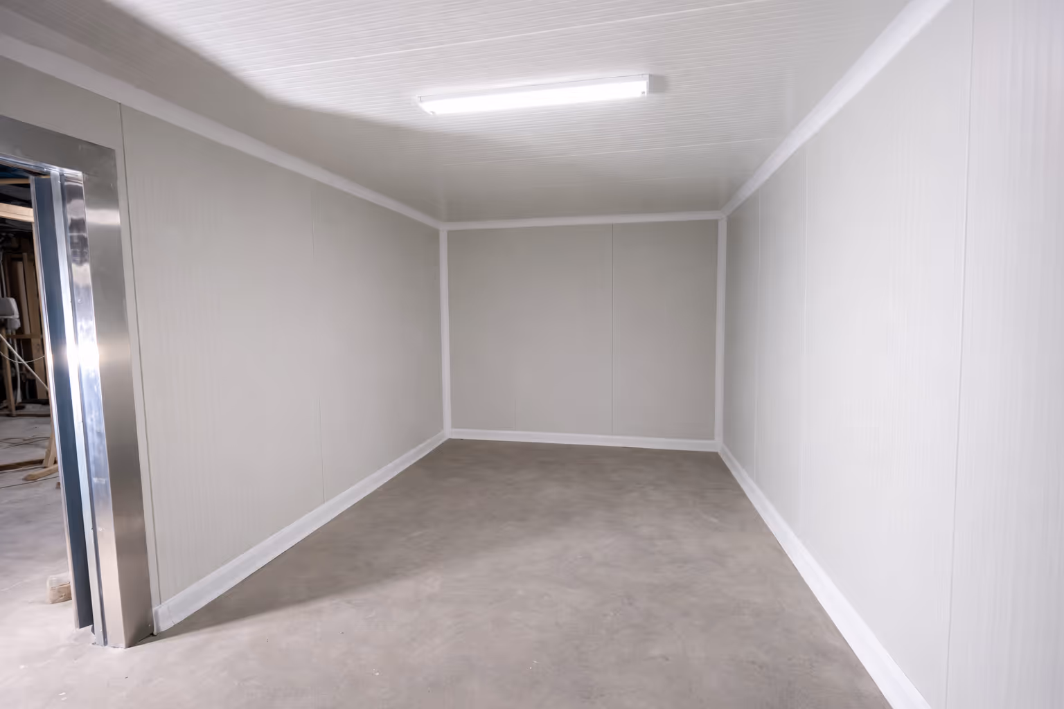 Interior of walk-in showing insulated panel wall construction