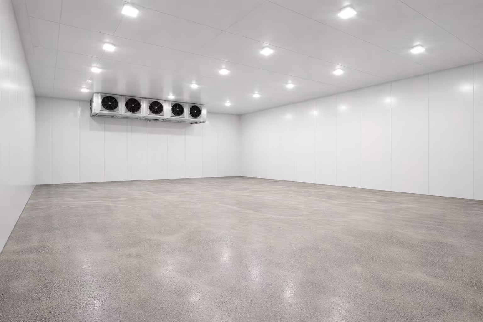 Walk-in cooler interior with insulated panels and coving