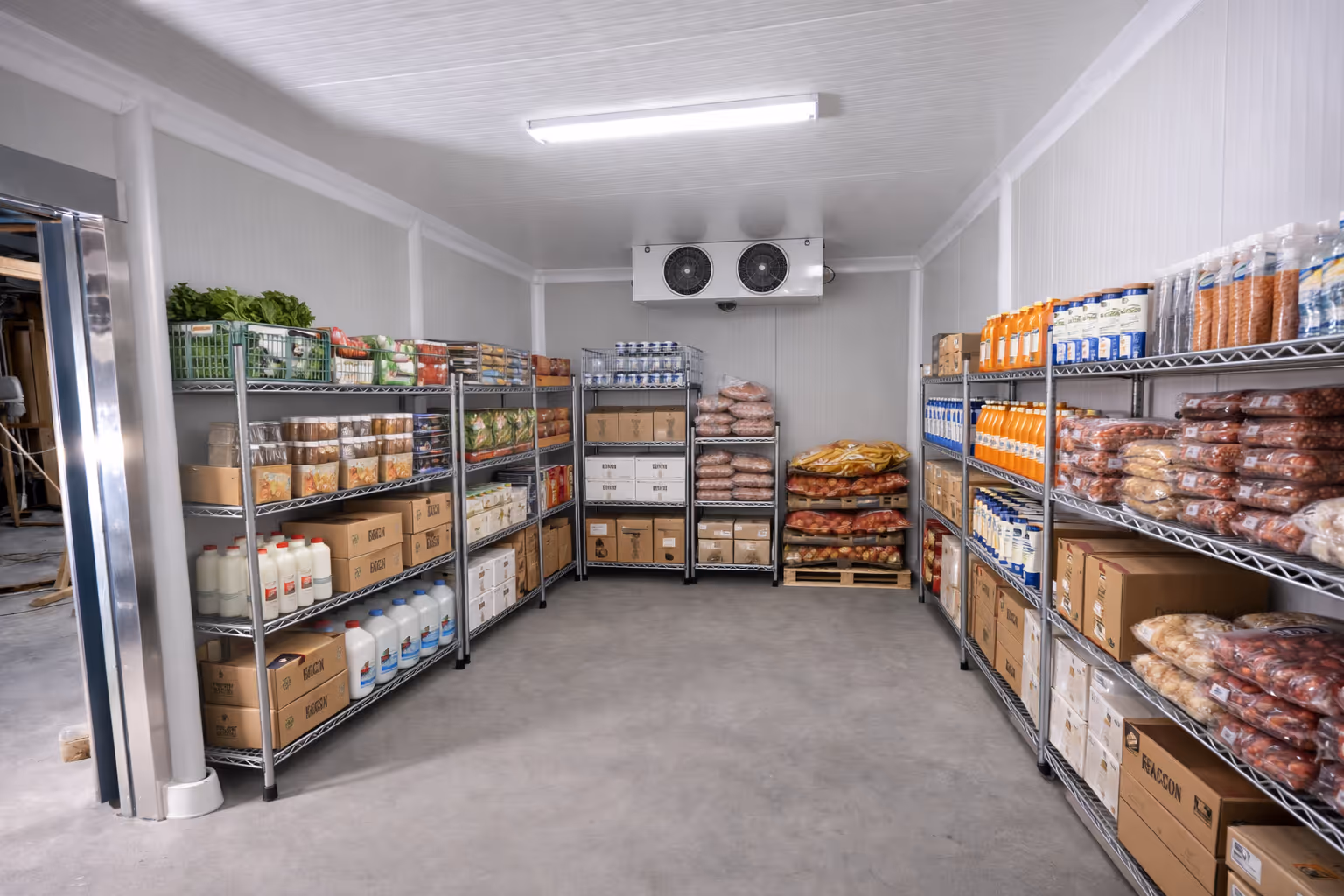 Walk-in cooler interior with shelving and food storage