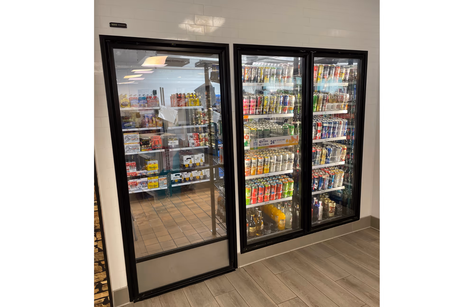 Convenience store walk-in cooler with reach-in glass doors