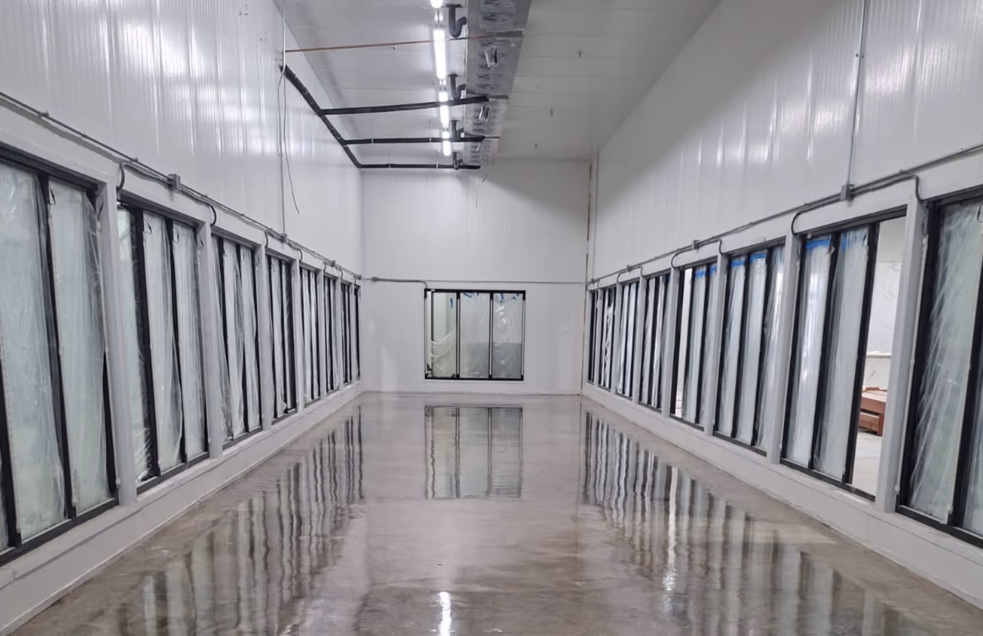 Large walk-in freezer with warehouse racking and evaporator units