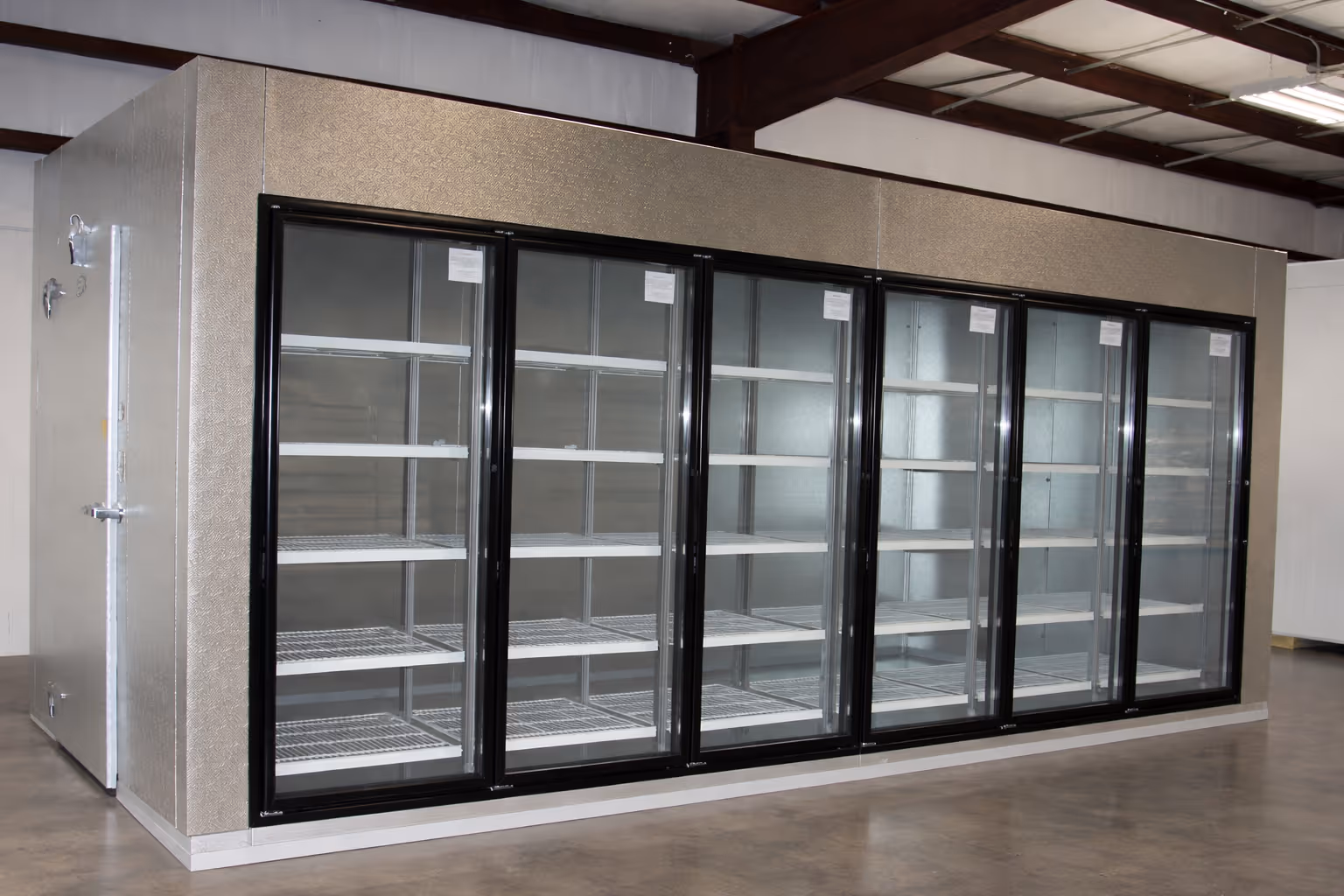 New walk-in cooler with reach-in glass display doors and shelves