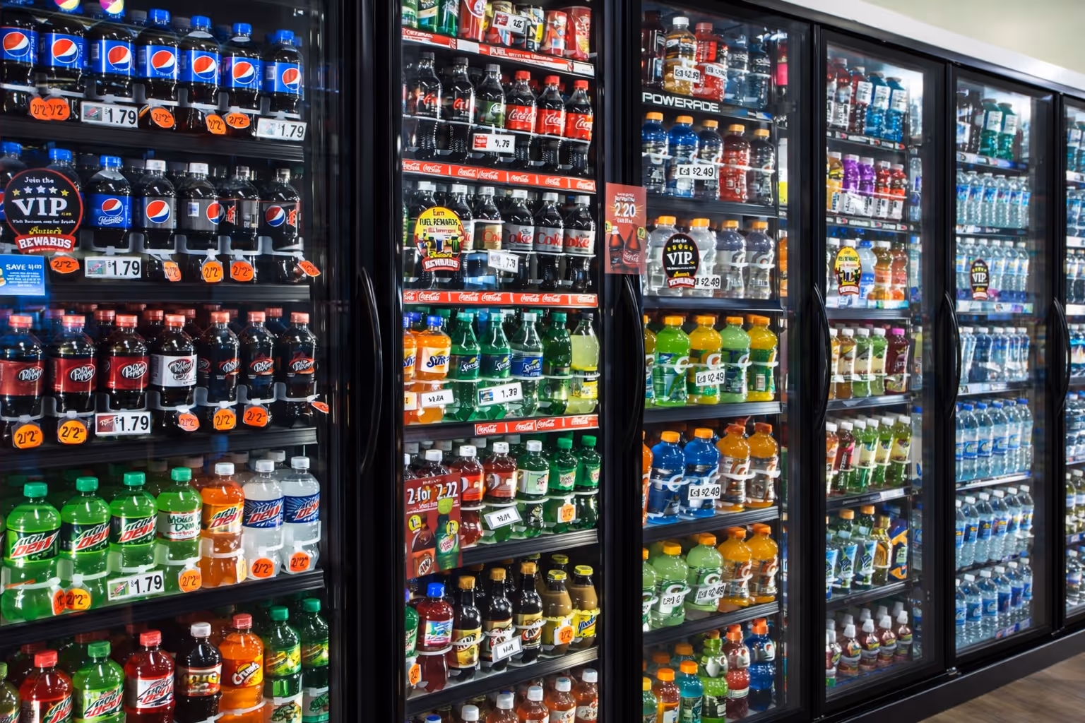 Convenience store beverage cooler display wall