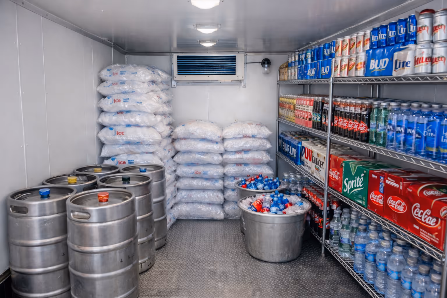 Refrigeration trailer interior loaded with kegs