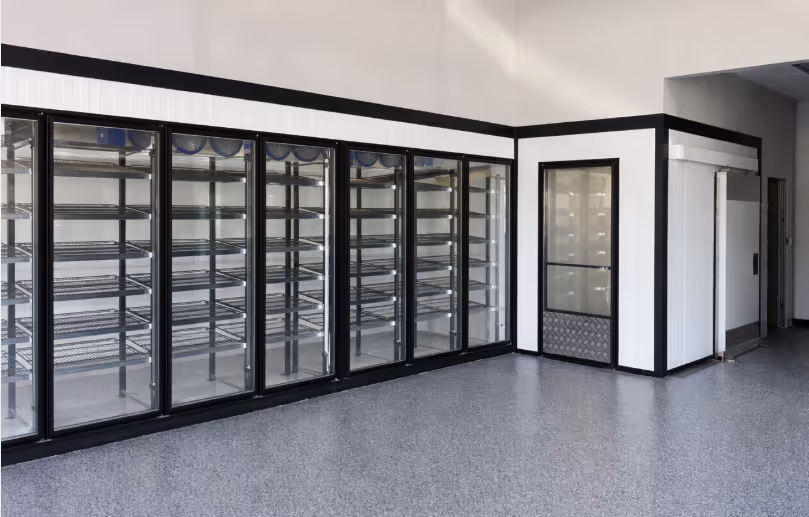 Walk-in cooler with glass doors and cold storage display