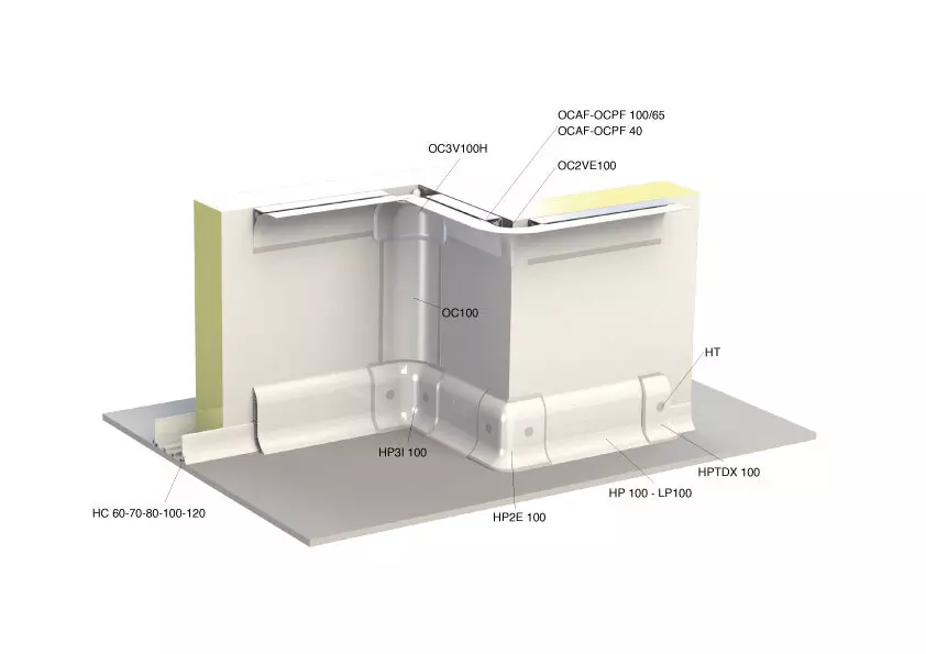 CoRound PVC coving profile system showing cove, corner and floor base components