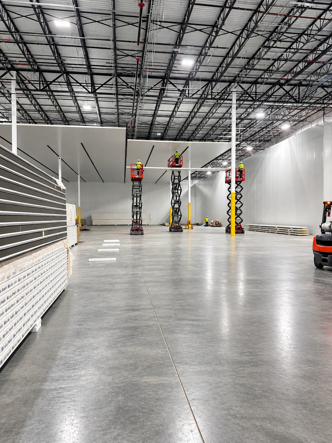 Crew on lifts installing insulated metal ceiling panels inside a warehouse