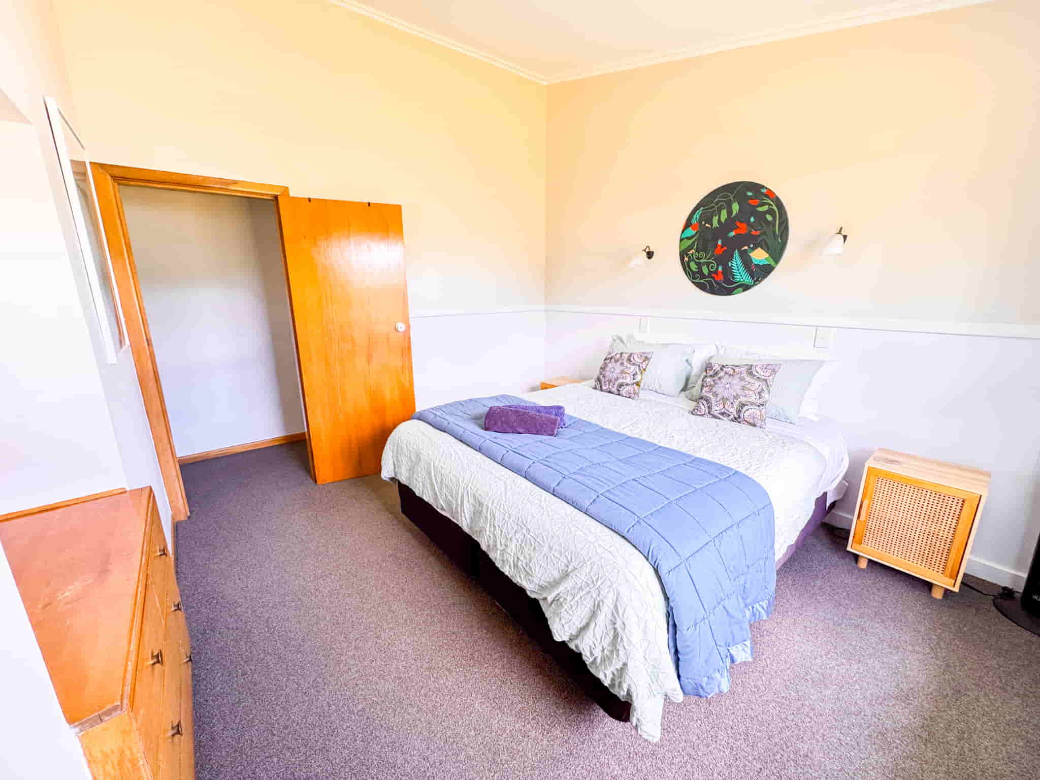 Accommodation in Gisborne Esplanade Easy Escape 3 bedroom house, photo is of front bedroom 1 showing queen bed