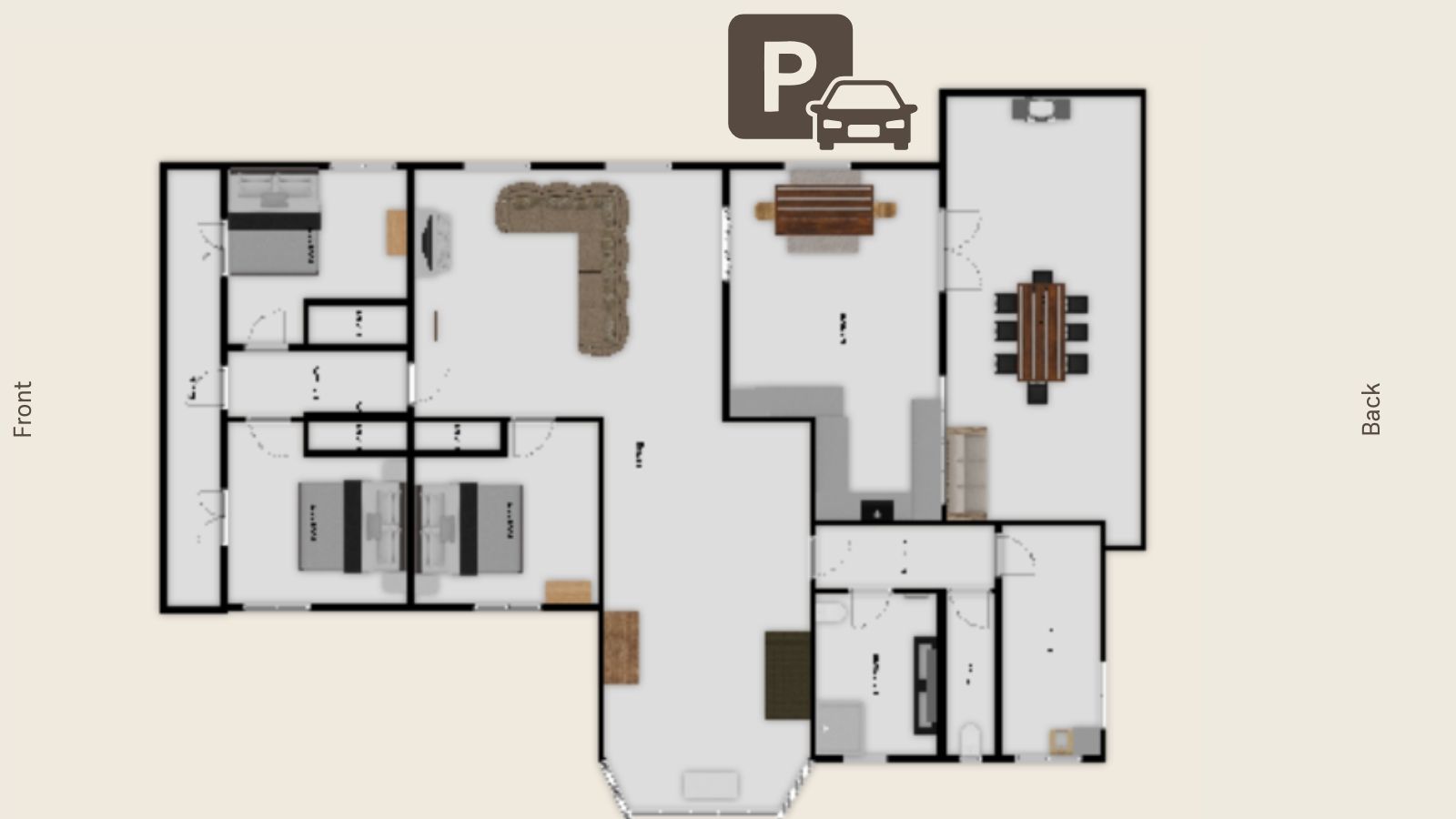 Layout of The Clifford Gisborne holiday house with three bedrooms, full kitchen, sofa bed, bath, smart TV, aircon, washing machine, and outdoor BBQ & seating area.