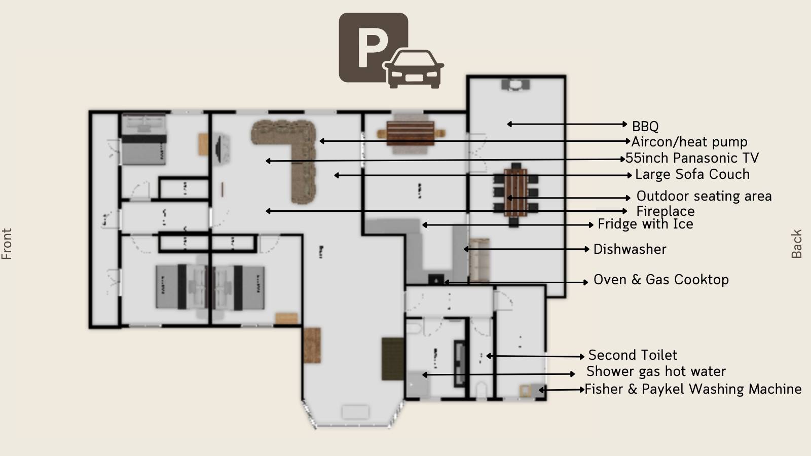 Floor plan of 368 Clifford Street Gisborne holiday house with three bedrooms, full kitchen, sofa bed, bath, smart TV, aircon, washing machine, and outdoor BBQ & seating area.