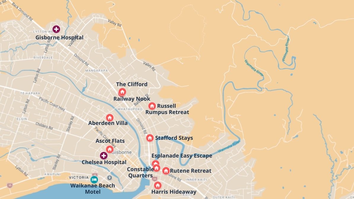 Map showing accommodation locations near Gisborne Hospital & Chelsea Hospital