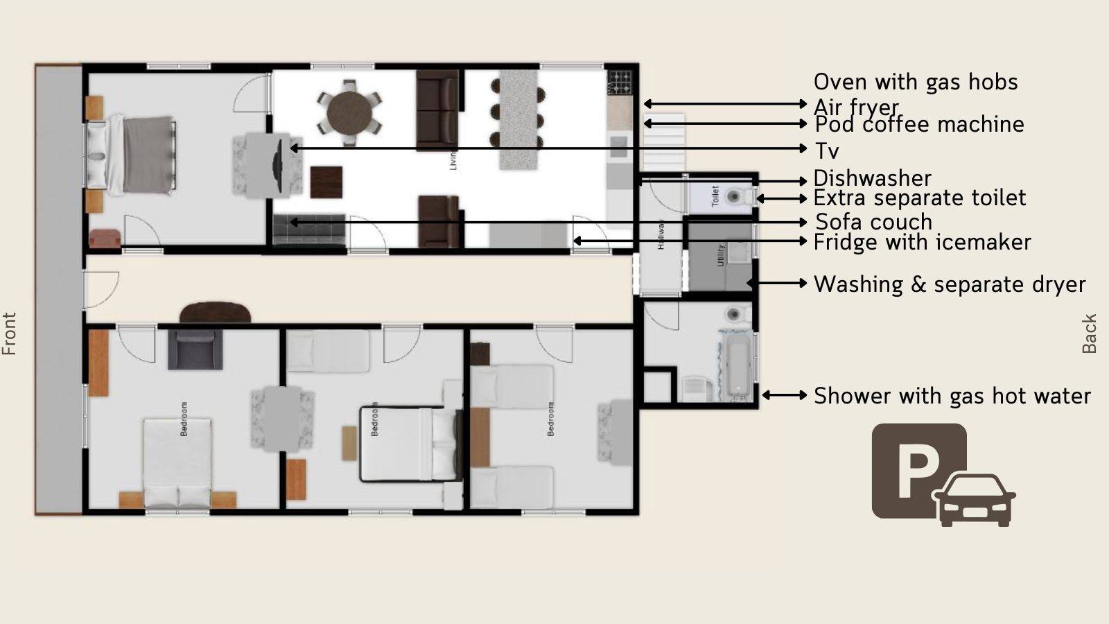 Floor plan of 12 Rutene Road Gisborne holiday house with four bedrooms, full kitchen, sofa bed, bath, smart TV, aircon, washing machine, and outdoor BBQ & seating area.