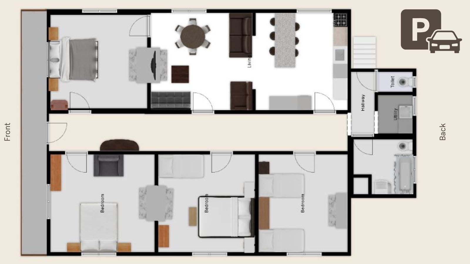 Layout of 12 Rutene Road Gisborne holiday house with four bedrooms, full kitchen, sofa bed, bath, smart TV, aircon, washing machine, and outdoor BBQ & seating area.