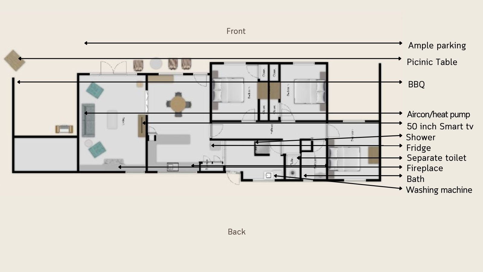 Floor plan of 163 Esplanade Gisborne holiday house with four bedrooms, full kitchen, sofa bed, bath, smart TV, aircon, washing machine, and outdoor BBQ & seating area.