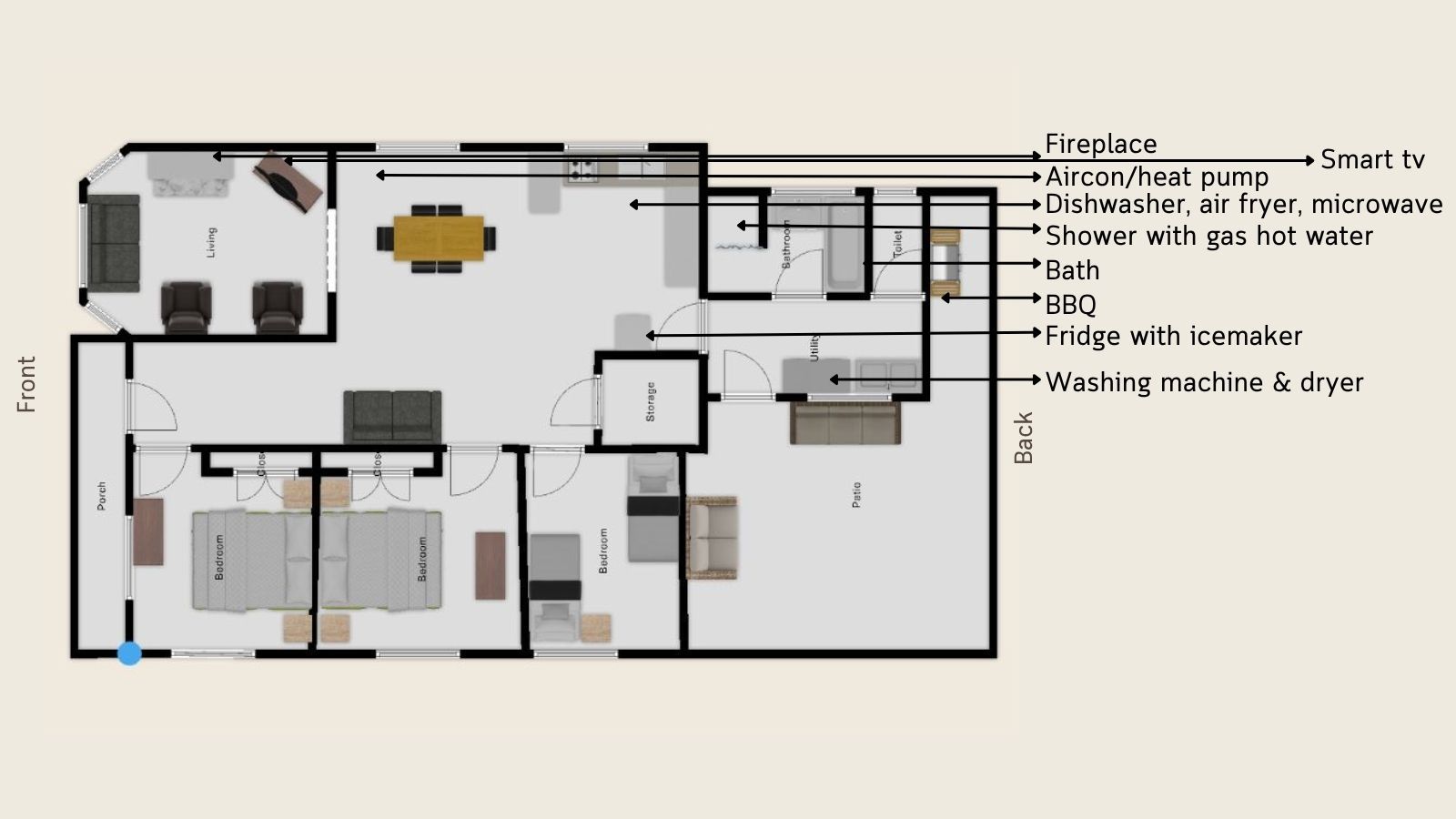 Floor plan of 438 Aberdeen Road Gisborne holiday house with four bedrooms, full kitchen, sofa bed, bath, smart TV, aircon, washing machine, and outdoor BBQ & seating area.