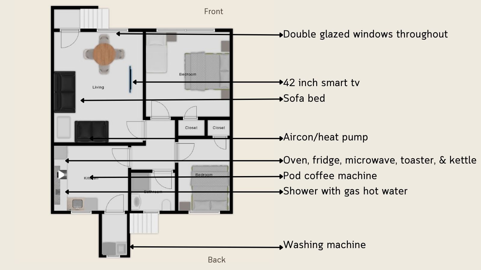 Floor plan of Ascot Flat 2 Gisborne holiday house with two bedrooms, full kitchen, sofa bed, shower over bath, smart TV, aircon, washing machine, and outdoor seating and BBQ area.