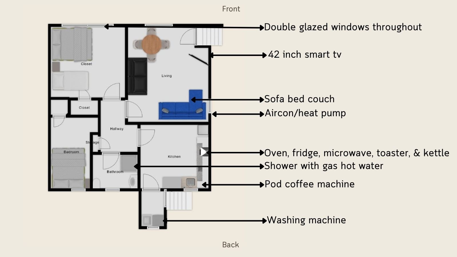 Floor plan of Ascot Flat 4 Gisborne holiday house with two bedrooms, full kitchen, sofa bed, shower over bath, smart TV, aircon, washing machine, and outdoor seating and BBQ area.