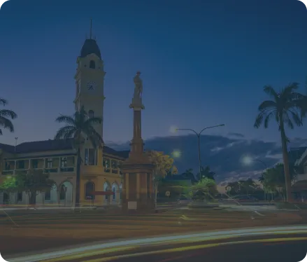 Evening view of Bundaberg's town square with the clock tower.
