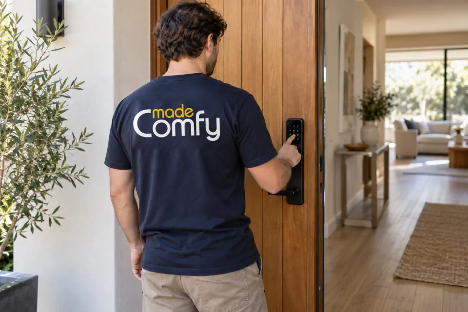 MadeComfy team member setting up a smart lock at a property entrance.