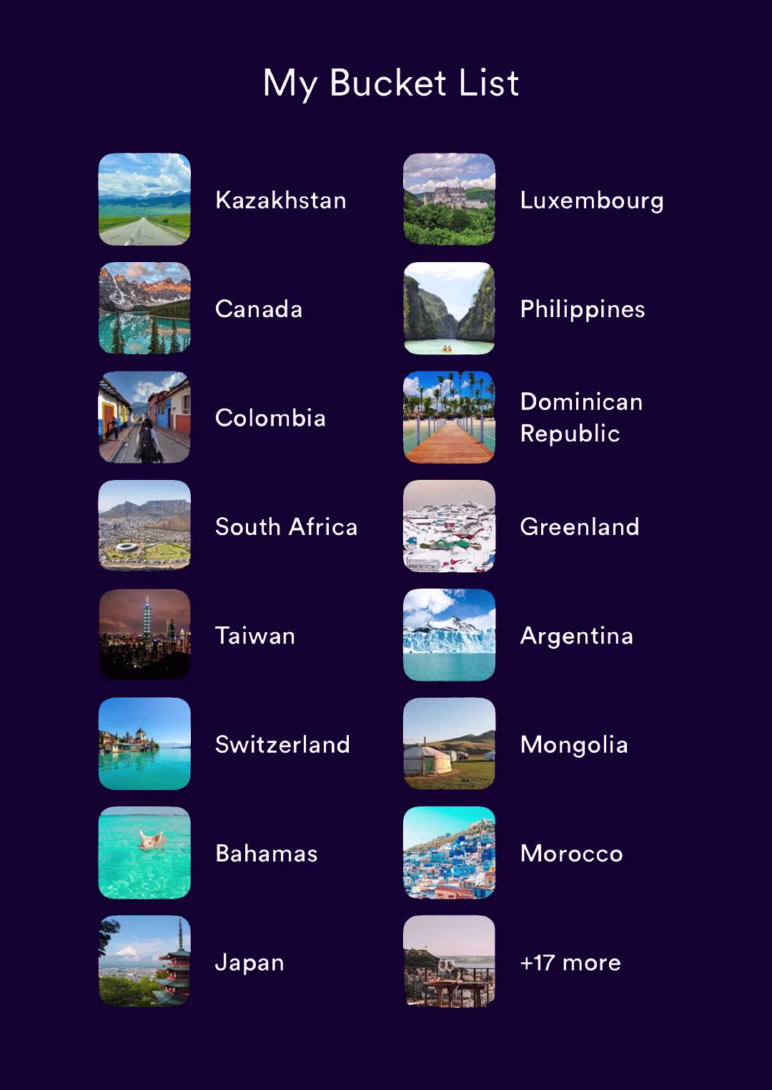 Screenshot of a 'My Bucket List' travel destinations interface, showing a grid of country names next to small square thumbnail images of typical scenery from each country. Countries listed include Kazakhstan, Luxembourg, Canada, Philippines, Colombia, Dominican Republic, South Africa, Greenland, Taiwan, Argentina, Switzerland, Mongolia, Bahamas, Morocco, Japan, and an icon indicating '+17 more'.