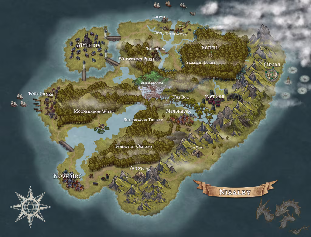 A map of a DND campaign called Tales of Nisalby. This is the map of the continent of Nisalby created by Sarai. 