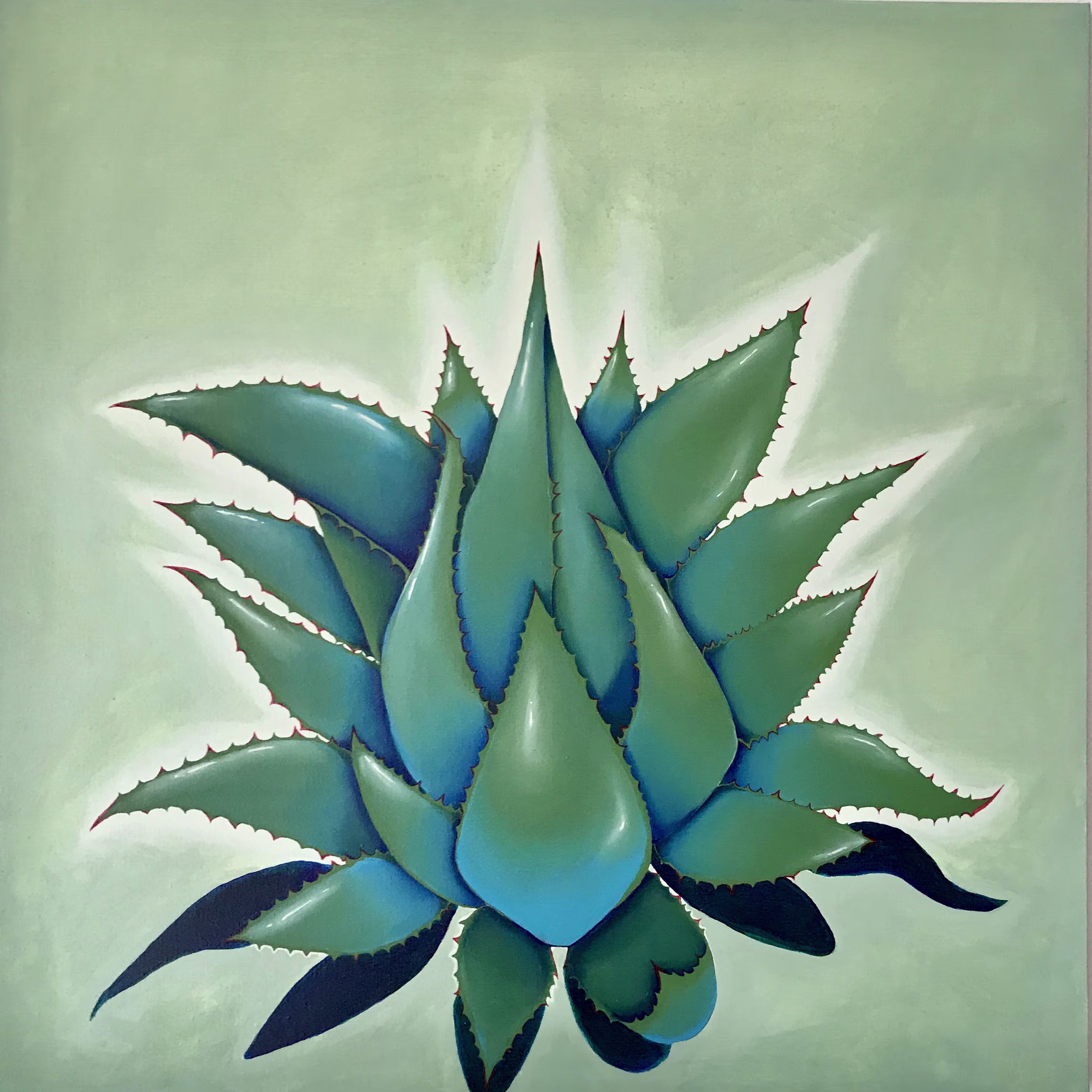 Vibrant painting of a blue-green agave plant with spiky leaves and red tips, set against a soft light green background with a bright halo effect behind the plant. Painted by Sarai Carrete Cardenas in 2018.