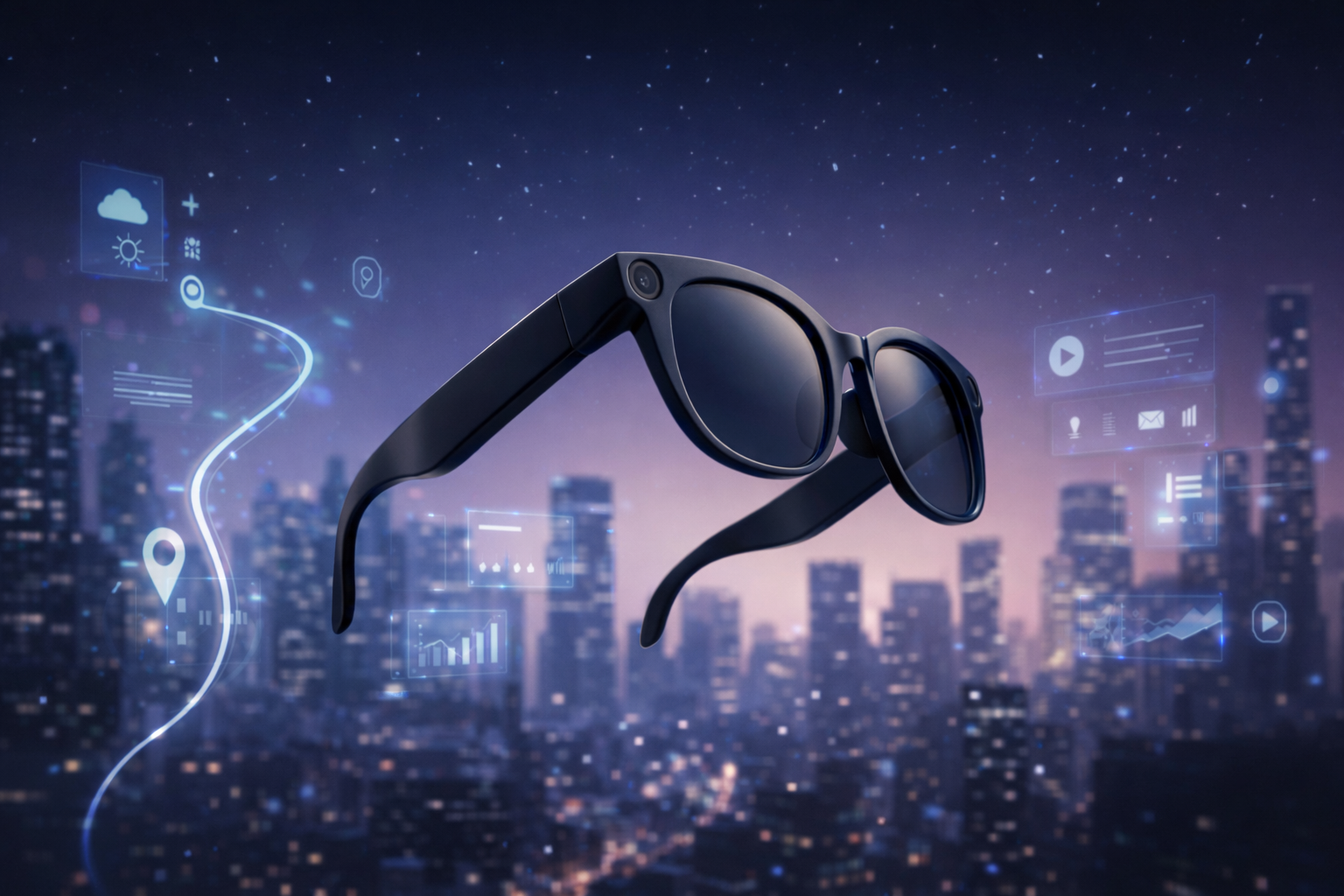 AI smart glasses floating against a futuristic sunset city skyline, representing ambient computing and wearable technology. The image highlights screen-free connectivity, digital detox, and a post-smartphone future designed to reduce smartphone addiction through audio-first AI interfaces.