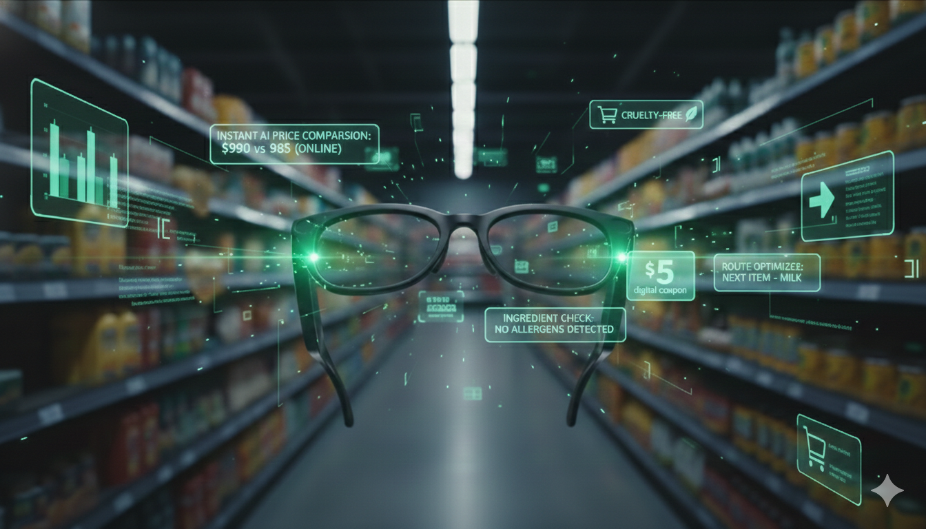 Front view of AI-powered smart glasses floating in a grocery store aisle, featuring a white holographic UI overlay showing real-time price comparison, ingredient safety checks, and digital coupons for a Shopping 3.0 retail experience.