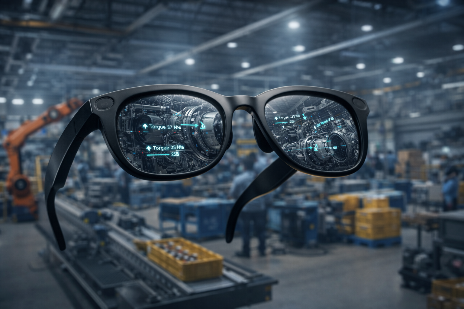 Futuristic industrial smart glasses with augmented reality overlays floating inside a modern manufacturing facility, showcasing hands-free AR guidance, real-time machine data, and smart glasses technology for industrial training, workforce upskilling, and Industry 4.0 manufacturing environments in India.